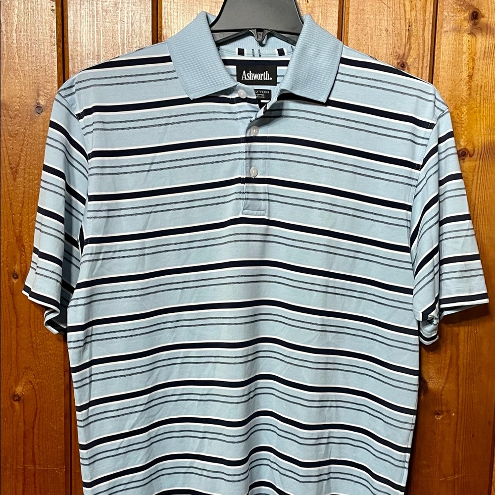 ASHWORTH 3 Ply EZ-Tech Blue Striped Polo Shirt Mens M